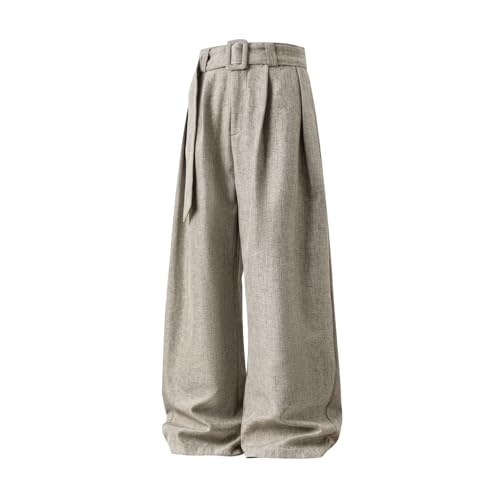 Men's Baggy Wide Leg Pants High Waisted Belt Zipper Fly Pleated Work Casual Business Long Trousers with Pocket