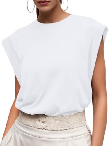 GRECERELLE Women 2026 Cap Sleeve Tops Summer Casual Tee Shirt Loose Crew Neck Basic Tank Trendy Vacation Outfits, White, Medium