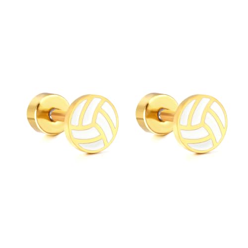 20g Volleyball Gold Plated Flat Screw Back Small Stud Earrings for Men Women Minimalist Cute Surgical Steel White Enamel Sports Fan Lover Cartilage Piercing Sleeper Tiny Studs Hypoallergenic Birthday Gift for Bff Christmas