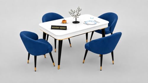 Image of WOODEN SPACE Majestic 4 Seater Wooden Dining Table Set | Urban Marble Top Dining Table with Chairs for Dining Room & Kitchen (Modern Classic Navy Blue) (54 x 36 x 30 inch)