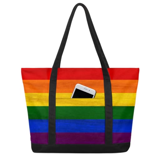 Gestreifte Regenbogen-Handtasche für Damen, Mädchen, bunt, Regenbogenfarben, große Tragetasche, 22,2 l, großes Fassungsvermögen, Reißverschluss, Segeltuch, Schultertasche für Reisen, Arbeit, Schule,