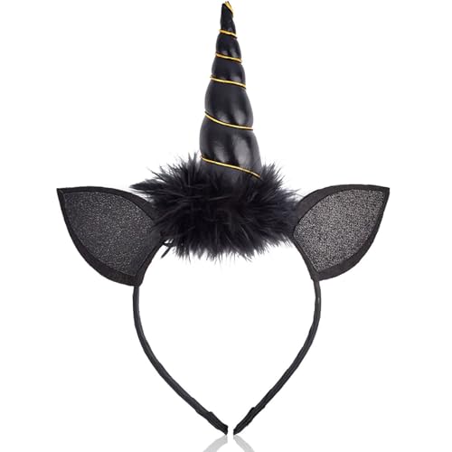 Halloween Headband Unicorn Horn Headbands Black Unicorn Ears Hairband with Furry Design– Magical Hair Hoop for Women Halloween Hair Accessory Cosplay & Birthday Party Decor