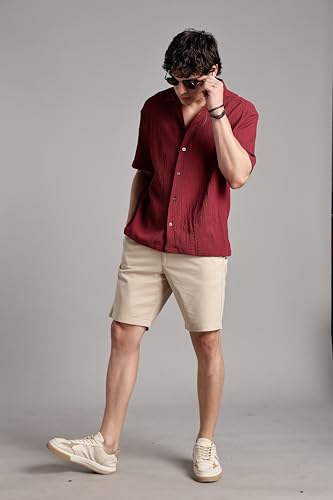 Image of FYLTR Men's Solid Textured Relaxed Fit Shirt - Half Sleeves | Cuban Collar | Comfortable Fit | Summer Shirts