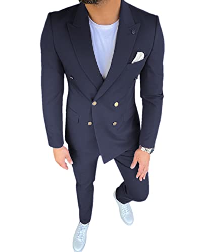 Men Summer Suits Sets Daily Casual Double Breasted Blazer 2 Pieces Slim Fit Suits(Blazer+Pants)