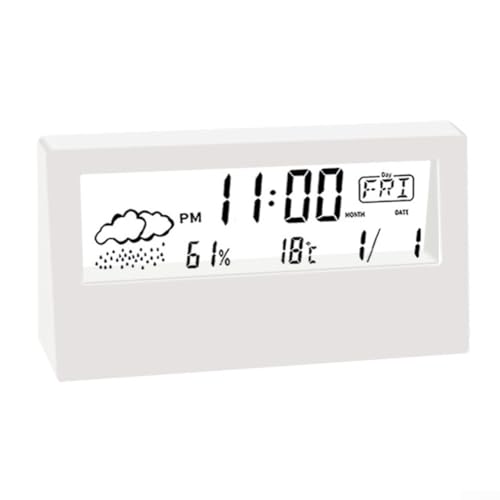 Reloj despertador con pantalla meteorológica para mediciones precisas de temperatura ambiente y humedad (blanco)