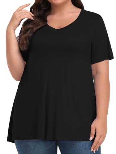 Tencede Womens Plus Size Tops Short Sleeve Tunic Shirts V Neck Summer Floral Loose Fit Blouse XL-5X2