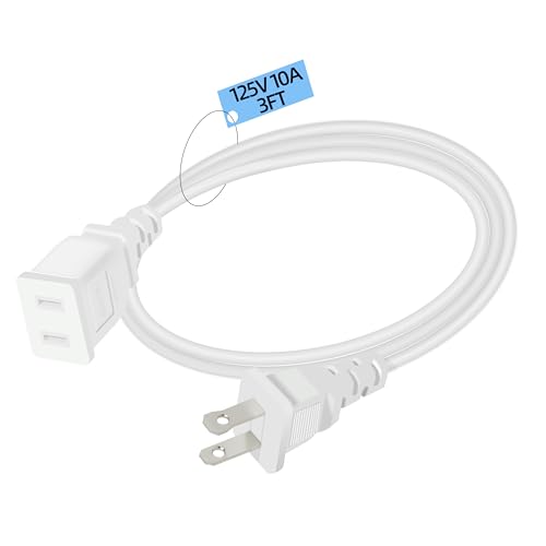 Small 3FT White Flat Extension Cord 2-Prong Polarized Light-Duty ETL Listed Power Cable 18AWG 125V 10A 1250W for Indoor Use Slim Flexible Design for Holiday Lights Lamps Cameras & Small Appliances