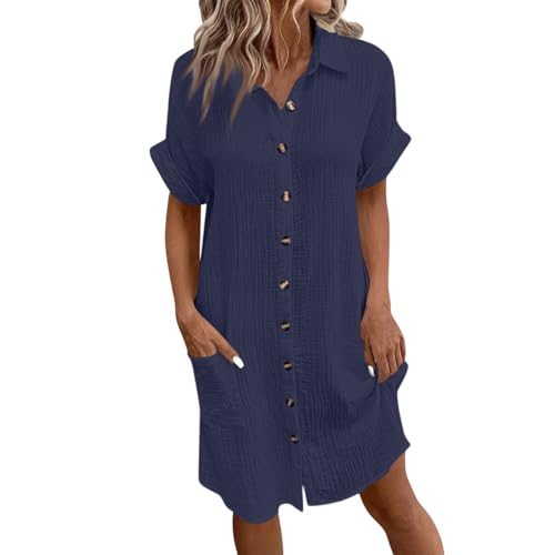 Musselin Kleid Damen, Sommerkleid Mit Taschen Blusenkleid Kurzarm Wickelkleid Hemdblusenkleid Leicht Und Luftig Kleid Mit Knopfleiste Kleider Sommer...