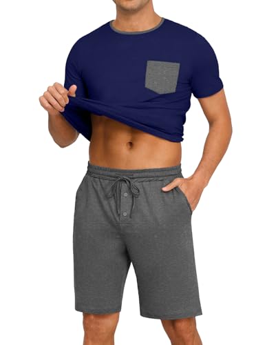Image of PrinStory Mens Summer Pajamas Set Lightweight Pjs Sets Short Sleeve Pajama Shorts Set Soft Sleepwear Loungewear with Pockets