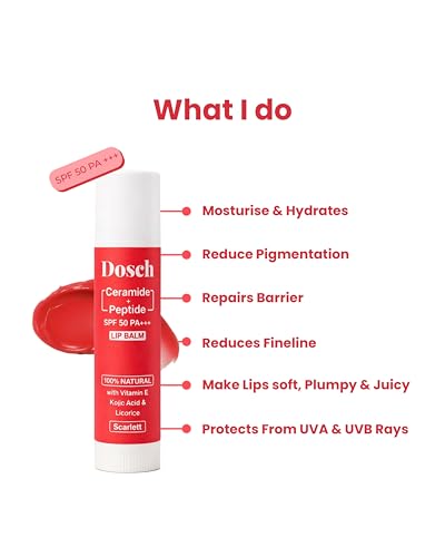 Image of DOSCH Tinted Lip Balm SPF 50 PA+++ - Scarlet | 2% Peptides, 2% Ceramides & 10% Natural Squalane | With Vitamin E | Brightening Lip Balm for Dark, Pigmented & Chapped Lips | 5 g | 24H Moisturization & Hydration | Kojic Acid & Licorice | For Women