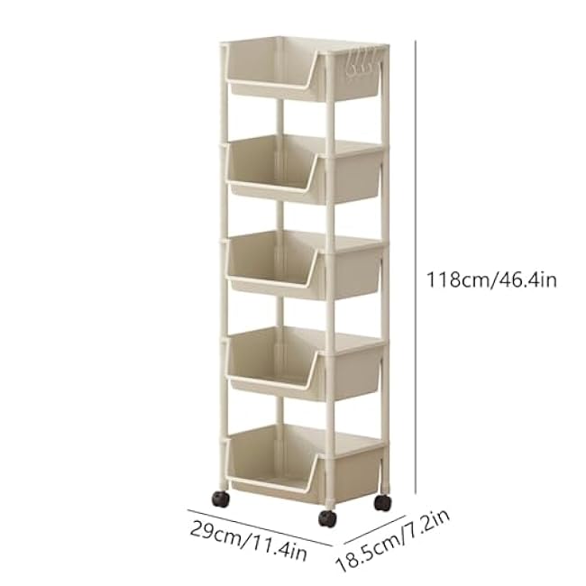 5 Tier Rolling Cart - Plastic Storage Cart with Wheels, 46.4in Dorm Room Storage, Multi-Fuctional Organizer Rack for Snack, Cosmetics, Living Room, Bedroom, Kitchen & Bathroom-ypXKm1TT
