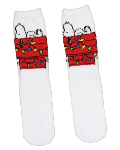 Snoopy Gripper Socks Peanuts Snoopy Dog House Festive Holiday Christmas Lights Men's Fuzzy Gripper Slipper Socks OSFM For Men and Women4