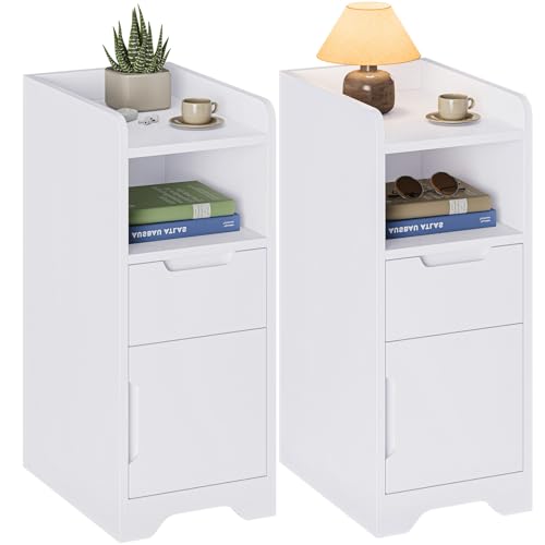 Brinlawb Nachttisch 2er Set, Nachttisch Schmal Nachtschrank 2er Set mit 1 offenen Fach, 1 Schublade und 1 Schrank mit Tür, Beistelltisch Schmal...