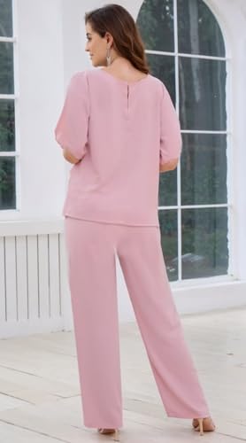 Mother of The Bride Pant Suits for Wedding Half Sleeve Ruffle Chiffon Formal Pantsuit3