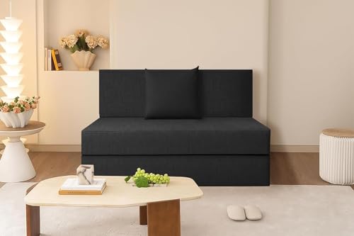 Image of Rosebell Lightweight Easy One Person Sofa Cum Bed Jute Fabric- Washable Cover- Including 1 Cushion - Size 3' X 6' Ft Perfect for Home for Guests - Black Color