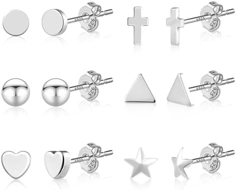 Sterling Silver Stud Earrings, 6 Pairs Sterling Silver 925 Studs Set For Women Girls Kids, Multipack Small Stud Earrings, Hypoallergenicl Mini Sleeper Cartilage Studs Jewelry Gift