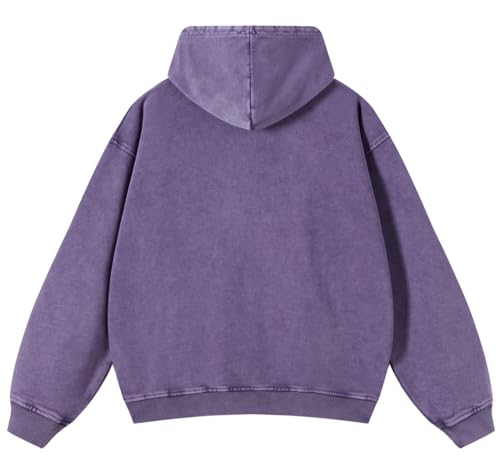 Mens Hoodies Pullover Vintage Hooded Sweatshirt Washed Hoodie Oversized Heavyweight Streetwear Cotton Sweatshirt with Pockets(Purple,L)2