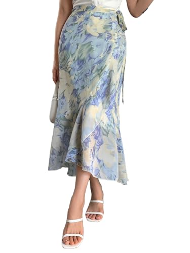Milumia Women's Boho Floral Wrap Maxi Skirt Tie Knot Ruffle Hem Split Midi Skirt
