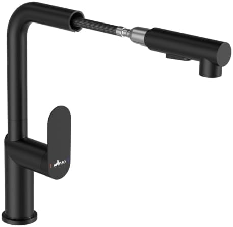 APPASO Küchenarmatur Ausziehbar Wasserhahn Küche Schwarz Matt 2 Strahlarten | 304 Edelstahl, KTW-zertifizierte Schläuche, 360° Schwenkbar, Einhandmischer, Einlochmontage, Abnehmbar