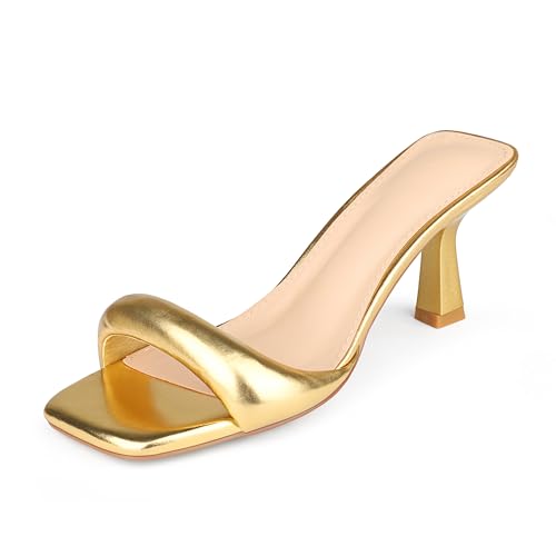 Image of Women's Kitten Heels Sandals 2.76 Inch Square Toe Stiletto One-Strap Heeled Sandals Slip-On Mule Heels for Women