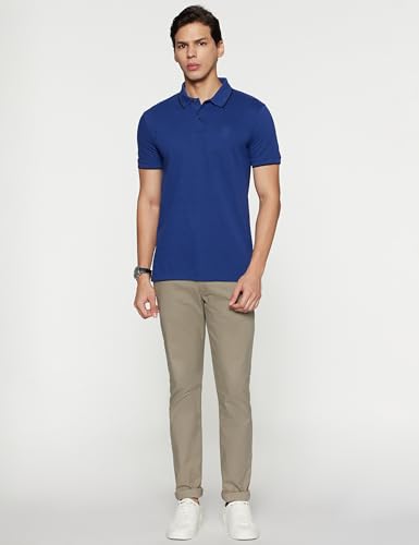 Image of Peter England Men's Snug Fit Solid Polo T-Shirt with Coloured Collar Tipping| Cotton Rich| Premium Pique Weave