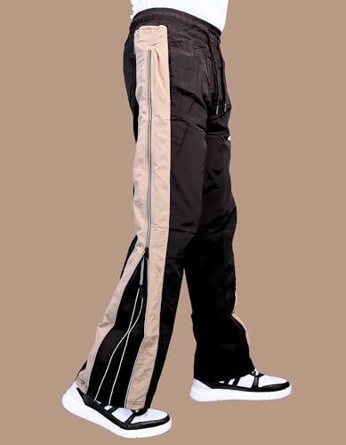 Image of Men's Track Pants, Loose Fit Bootcut Style, Black with Beige Side Stripe,Sports Track Pant for Men | Track Pant Men | Men Stylish Track Pant Boot Cut Style