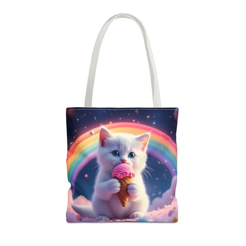 Cat Tote Bag- Rainbow Kitten Beach Bag for Girls, Pretty Cute Colorful Reusable Shopping Bags, Fun Kids Travel Totes