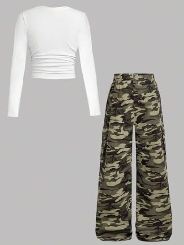 Image of Azmxynol Girls Clothes 2 Piece Outfit Ribbed T-Shirt Top + Cargo Pants, Girls Fall Clothing Set, Sizes 5-16 Years