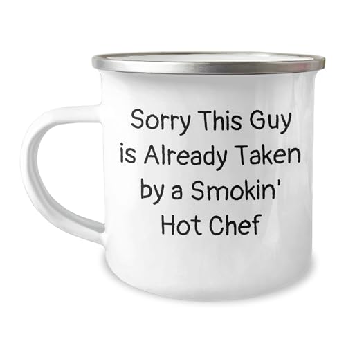Chef Gifts for Men, Sorry This Guy Is Already Taken By A Smokin' Hot Chef Christmas Camping Mug, Funny Quote, 12 oz Stainless Steel with Enamel Finish, Hand Wash Recommended, Ideal Gift for Christmas