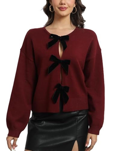 Image of Ladyful Bow Cardigan sweaters for women Fall Trendy Long Sleeve Open Front Knit Sweater Outerwear Coats