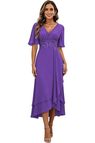 Image of Lace Applique Mother of Bride Dresses Chiffon Mother of the Groom Dresses Tea Length Formal Evening Dress with Sleeve