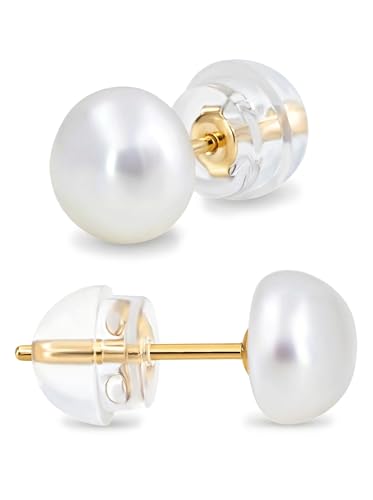 Boucles d'oreilles KEZEF avec pour femmes Boucles d'oreilles en or véritable 14 carats avec de culture d'eau douce - Perles de 5,5 à 6 mm