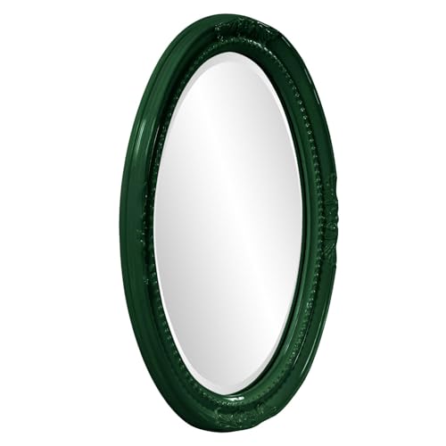 Image of Howard Elliott Collection Queen Ann Oval Glossy Hunter Green Wall Mirror, Oval Bevelled Hanging Wood Framed Vanity Mirrors for Home Decor, Living Room, Bathroom, Bedroom, or Hallway, 25 x 33 Inch