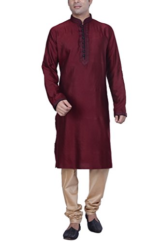 KISAH Men's Indian Front Open Jaquard Cotton Silk Long Kurta & Churidar Set 38 Maroon for Wedding & Festive Season