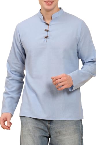 Image of Amazon Brand - Anarva Men's Cotton Linen Solid Kurta Long Sleeves Wooden Button Regular Casual Shirt