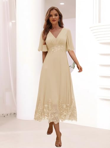 Women's Tea Length Mother of The Bride Dresses Lace Applique Ruffles Formal Evening Party Dress DE5682