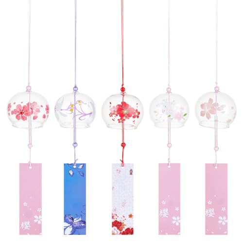 OLYCRAFT 5Pcs Carillon Éolien Japonais 5 Styles Thème Fleur de Cerisier Cloches à Vent en Verre Fabriquées à la Main Pendentifs Créatifs à Suspendre...