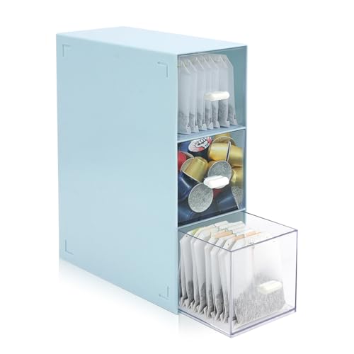 QZDAFFIC Tea Box Tea Bag Holder, Stackable Tea Bag Organiser with 3 Drawers, Plastic Teabag Storage for Cosmetic Coffee Sugar Sachets Pantry( Blue )