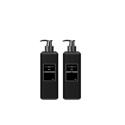 QlyYea Botes para Gel y Champu, 2 Piezas 500ml Dispensador Jabon Cocina, Dispensador Jabon de Plástico con Etiqueta, para Cocina y Baño, Negro Mate