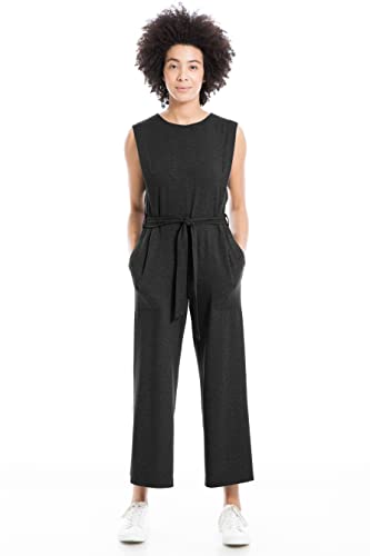 Max Studio Women s French Terry Waist Tie Jumpsuit, Black, Extra Large