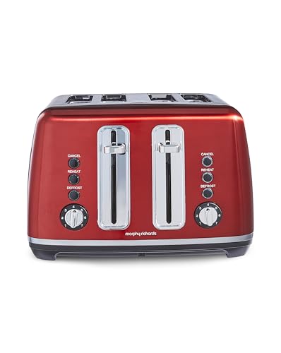 Morphy Richards Accents Toaster 4 Slice Toaster Variable Browning Wide Slots High Lift Illuminated Buttons Removable Crumb Tray Cancel Reheat Defrost Integrated Cord Storage Red 242048