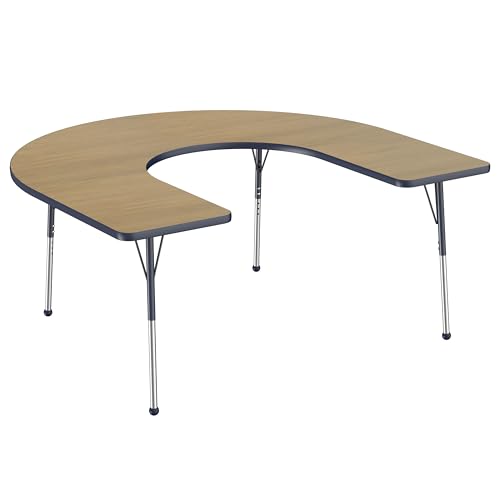 Image of FDP Horseshoe (60 x 66 inch) Collaborative Teacher Classroom Table with Adjustable Standard Ball Glide Legs (19-30 in); School and Office Furniture - Pasadena Oak Top /Navy Edge and Legs