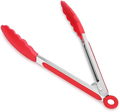 Unzano Silicone Tongs for Cooking, 9 Inch Stainless Steel Locking Kitchen Tong with High Heat-Resistant Non-Stick Silicone Tips, Strong Grip for Nonstick Pans, Grill, Salad, BBQ, Frying, Baking (Red)