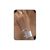 JWIGP Asymmetrical Geometric Bracelet Ring Set for Women – Hammered Metal Open Cuff Adjustable Jewelry, Minimalist Gold Silver Statement Accessories (Silver)