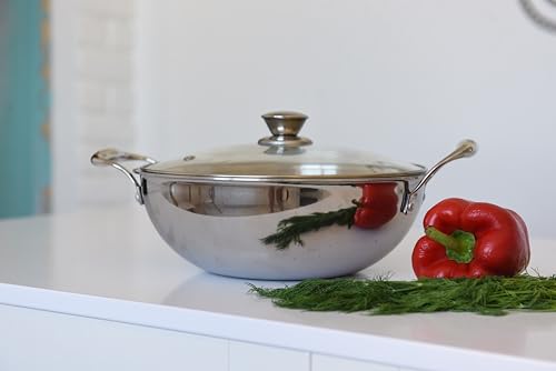 Image of VAYA Hautechef Triply Stainless Steel Kadhai with Glass Lid, 28cm, 4.5L, Induction & Gastop Compatible, Heavy-Bottom Kadhai for Deep Frying & Cooking, 100% Pure & Toxin-Free