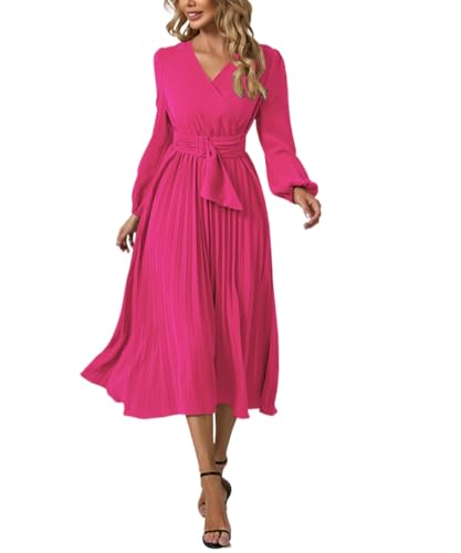 New Women's Long-Sleeved V-Neck Dress with a Fitted Waist Belt and Pleated A-line Skirt.