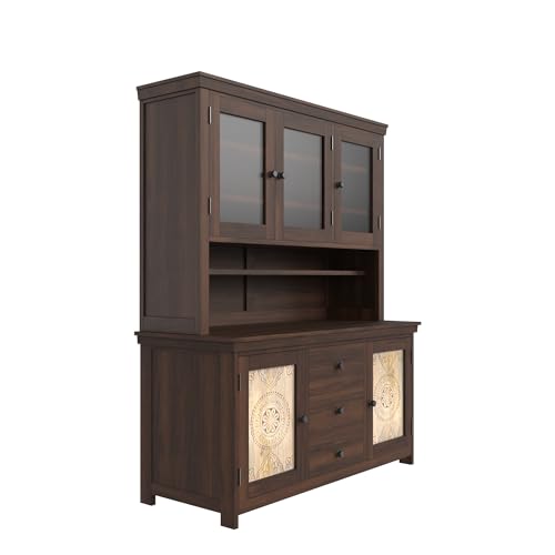 Image of ANGEL FURNITURE Sheesham Wood Kitchen Cabinet, 72 inch Height, Glass Doors, 3 Drawers, Mandala Design, Natural Brown (Walnut Finish)