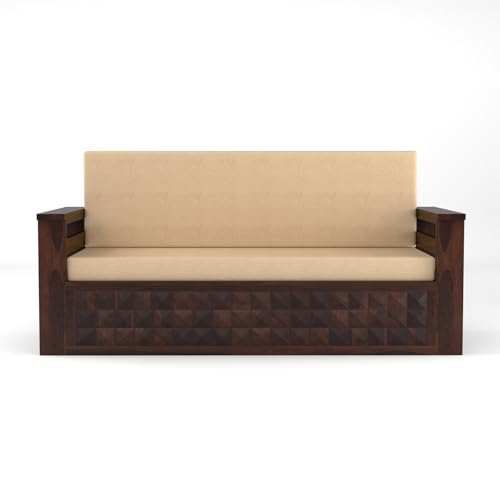 Image of Sheesham Wood Sofa Cum Bed with Mattress - 3 Seater Wooden Sofa Bed for Living Room | Solid Wood Convertible Diwan Couch with Side Storage (Design 6)