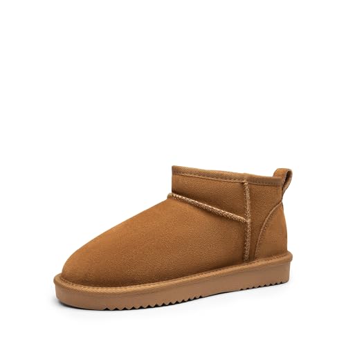 DREAM PAIRS Ankle Winter Mini Boots for Women Genuine Suede Faux Fur Lining Water Resistant Warm Snow Boots Slip On Memory Foam Comfort Booties FuzzyClassic,Size 8,Chestnut,SDSB2405W