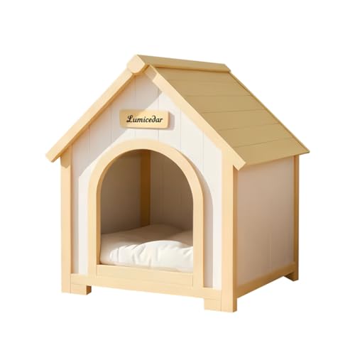FSC Certified Solid Cedar Wood Pet House - Cream Yellow Cabin Style Indoor Shelter for Small Dogs & Cats, Wooden Cat & Dog Condo with Elevated Roof, 23.6" L x 21.7" W x 27.6" H